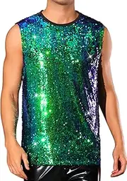 [Lars Amadeus] Sequin Tank Top for Men's Sleeveless Round Neck Glitter Disco Sparkly Metallic Party Tank Top