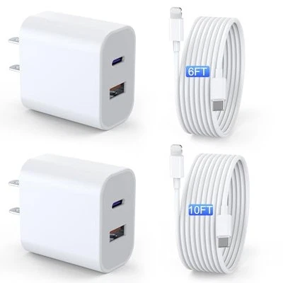 iPad Charger 2 Pack 20W Dual Port QC + PD 3.0 Power Adapter Fast Wall Charger