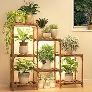 HOMKIRT Plant Stand with Grow Light, Plant Shelf Indoor for Mutiple Pots, 7 Tiers Wood Plant Ladder Holder Flower Stand for Corner Living Room Patio Boho Home Decor