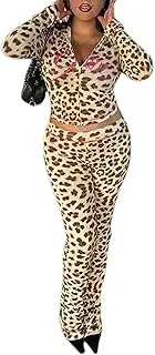 [ksotutm] Women's Leopard Print 2 Piece Sets Long Sleeve Zip Up Top High Waist Flared Pants Set Going Out Outfits