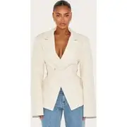 Shape Cream Tailored Asymmetrical Cross Over Adjustable Waist Blazer, Cream