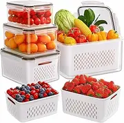 UVwey 5 PCS Large Fruit Containers for Fridge - Leakproof Food Storage Containers with Removable Colander - Keep Fruits, Vegetables, Berry, Meat Fresh longer