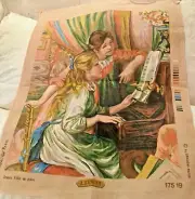 Rare Vtg ROYAL PARIS Vintage Needlepoint Tapestry Canvas Girls at Piano
