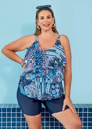 [Taking Shape] Taking Shape Indigo Tiles Frill Tankini Size 20 in Print - Plus Size Women's Swimwear Print