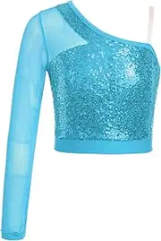 [Raenseen] Girls Kids Shiny Sequins Dance Crop Top Mesh Long Sleeve One Shoulder T-Shirt Ballet Jazz Hip Hop Disco Dancewear