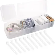 Cable Organizer Box with 10 Wire Ties, Clear Charge Cord Management Cases with 7 Compartments, Desktop Drawer Organizer Storage Container, Wire Storage Box with Lid (White)