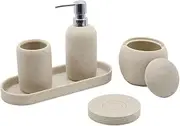 Aksipo Resin Bathroom Accessories Set, 5 Pcs Countertop Vanity Accessory Set with Lotion Soap Dispenser,Soap Dish,Toothbrush Holder,Tray,Qtip Holder Dispenser, Modern Decor and Gift Beige