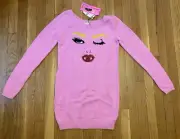 Betsey Johnson Pink Vampire Fang Babe Sweater Dress Face Medium M Tunic NWT