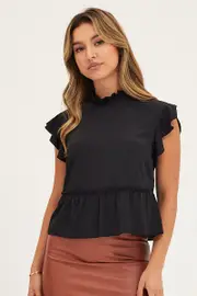Black High Neck Top Short Sleeve - Size 14, Women's Top
