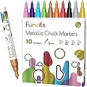 Funcils Metallic Liquid Chalk Markers for Chalkboard Signs, Blackboard, Window, Labels, Bistro, Glass, Car (10 Pack, 1mm) - Wet Wipe Erasable Ink Chalkboard Markers, Extra Fine Tip Liquid Chalk Pens