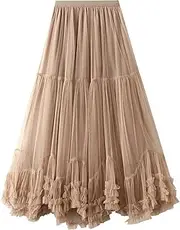 [Biilyli] Women's Irregular Layered Tulle Long Skirt Elastic High Waist Fashion Mesh Pleated Skirt A-Line Maxi Party Casual Tutu Skirt