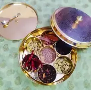 Brass Spice box with inner brass lid, spoon and 7 containers | Food safe