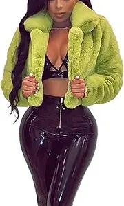 [OULIWANGLUO] Women's Short Faux Fur Cardigan Coat Long Sleeve Crop Shaggy Jacket Zip Front High Collar Winter Coats