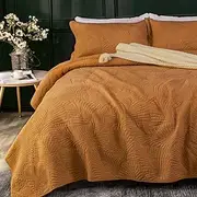 Qucover Quilted Bedspreads Soft and Comfortable Cotton Bedspread Super King Size with Elegant Embroidered Palm Leaf Pattern, 3 Pieces Bed Spread, Coverlets Sets with Pillowcases, Orange 250x270cm
