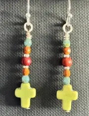 Silver and Green Howlite Cross Beaded Dangle Earrings. Faith. Love. Believe.