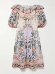 [Zimmermann] Zimmermann - Wylie Off-the-shoulder Belted Floral-print Linen Midi Dress - Light blue - 3 3 Blue