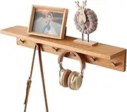 TREOAKWIS Oak Wood Coat Rack Wall Mount with Shelf 27.5 Inch Long Entryway Wall Shelf with 6 Hooks, Floating Shelf with hooks Wall Coat Hooks for Bathroom, Hallway, Living Room