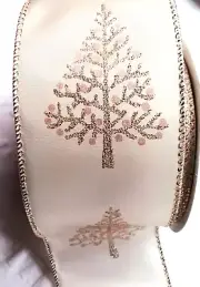 Christmas Trees 2.5" by 2 yd Ivory Satin Wired Ribbon Peach Gold Glitter Pretty
