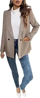 [Kromoc] Women's Houndstooth Blazer Peak Lapel Double Breasted Suit Jacket Tuxedos Coat for Leisure/Dinner
