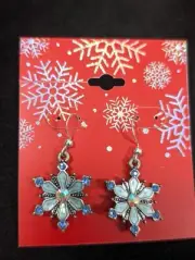 Christmas Winter Snowflake Earrings Blue Aurora Borealis Crystal Dangle Drop