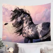 Sunset Clouds behind Black and White Pinto Horse Tapestry