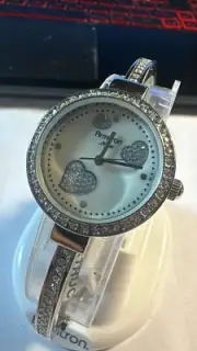 Ladies ARMITRON Now Crystal Heart Accent MOP Dial Round CUFF BANGLE Watch