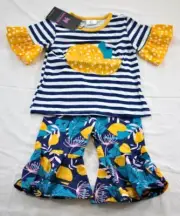 girl's Bowtism ruffle pants & top size X Small (2) lemon & navy blue soft new