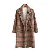 Nevenka Womens Classic Long Wool Blend Coat Lapel Plaid Double Breasted Overcoat-Camel