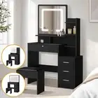 Oikiture Dressing Table Stool Set Makeup Mirror LED Light Vanity Black