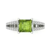 2.42 Princess split shank Natural Peridot Promise Wedding Ring 14k White Gold