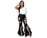 Women Bell Bottom Jeans High Waisted Flare Jean Ripped Hole Denim Bell Bottom Pants-black