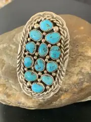 Blue Kingman Turquoise Navajo Sterling Silver Cluster Ring Size 6.5 11509