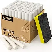White Chalk with Eraser, 80PCS Less Dust Chalks Stick Bulk for Chalkboard Blackboard Non-Toxic