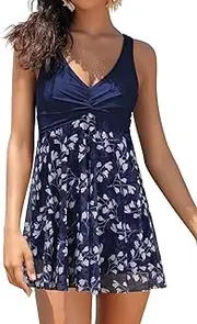 SHEKINI Women's Summer Dress Swimdress One Piece V Neck Swimming Costume Splice Printed Mesh Soft Cup Padded Elegant Bathing Suit Swimwear Tummy Control with Boyshort