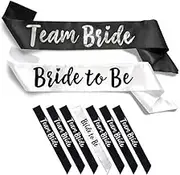 Team Bride 7pc Satin Sash Set - Sophisticated & Fun Favors for Bachelorette Party, Bridal Shower & Wedding (White & Black)