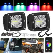 2x ３" RGB LED Work Light Bar Flood Spot Cube Driving Fog Pods Wiring APP Switch