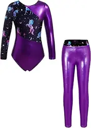 [FEESHOW] Girls Training Leotard Ballet Dance Bodysuit with Legth Leggings Sports Unitard Gymnastics Yoga Shirts