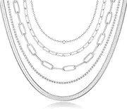 [CASSIECA] Women's Stainless Steel Necklace, Paper Clip Chain, Cuban Chain, Stackable Necklace, Gold, Silver, Rose Gold, Pack of 5