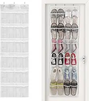 KUAOOAUK 24 Pockets Over the Door Shoe Organizer, Large Hanging Shoe Rack for Door, Mesh Shoe Pocket for Closet with 3 Metal Hooks, Shoe Organizer Holder for Sneakers Men Women Bedroom(White)