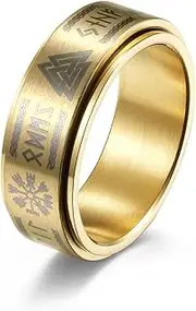 RIUKIU 8 Mm Nordic Viking Rune Turnable Ring, Stylish Stainless Steel Men's and Women's Ring,Gold,12
