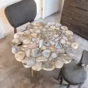 Round Agate Stone Top Center Table Semiprecious Agate Stone Crystal Coffee Table