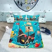 Cartoon Pirate Ship Fitted Sheet Queen Size Marine Adventure Bedding Set Girls Boys Kids Underwater Fish Bed Cover Cute Octopus Jellyfish Bed Sheet,2 Pillowcases(No Flat Sheet)