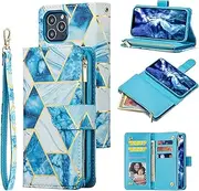 UEEBAI Wallet Case for iPhone 12 Pro Max 6.7 inch, Vintage PU Leather Handbag Magnetic Closure Zipper Pocket with Hand Strap Kickstand Card Slots Phone Cover Shockproof Flip Case - Marble Blue