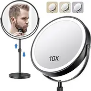 8-in 20cm Illuminated Makeup Mirror Light Magnifying 10x with Three Tone Light and Adjustable Height Suitable for Office desks Rechargeable 360 Rotating Doubl