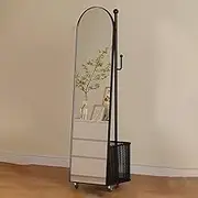 TT-YED Full Length Mirror with Brake Wheels, Metal Frame Full Length Mirror, Full Length Floor Mirror with Coat Rack and Storage Basket, Rotatable Arched Large Mirror, 63X15.7 Inches,Black