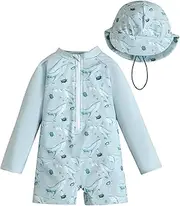 [OBEEII] Baby Boys Swimsuit with Sun Hat UV Protection Swimsuit Swimwear One Piece Zip Children's Swimsuit Marine Animal Print, Light Blue Whale, 12-24 Monate