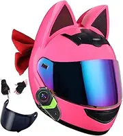 Bluetooth Modular Motorbike Helmet, Cat Ears Full Face Flip Up Motorcycle Helmet, with Double Visor DOT/ECE Approved Street Moped Scooter Crash Helmet Moped Scooter