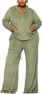[GHAKKE] Women Plus Size Velour Sweatsuits 2 Piece Outfits Long Sleeve Hooded Jacket Top And Wide Leg Long Pants Set Sweatsuits