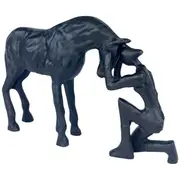 Handmade Majestic Black Horse and Man Sculpture Embodying Equine Harmony NEW