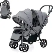 [Baby Joy] Foldable Tandem Stroller, Double Seat Baby Pram w/Adjustable Backrest, Push Handle and Footrest, Toddler Stroller with Safety Wheels, 5 Points Safety Belts for Twin Infant New Born (Grey)
